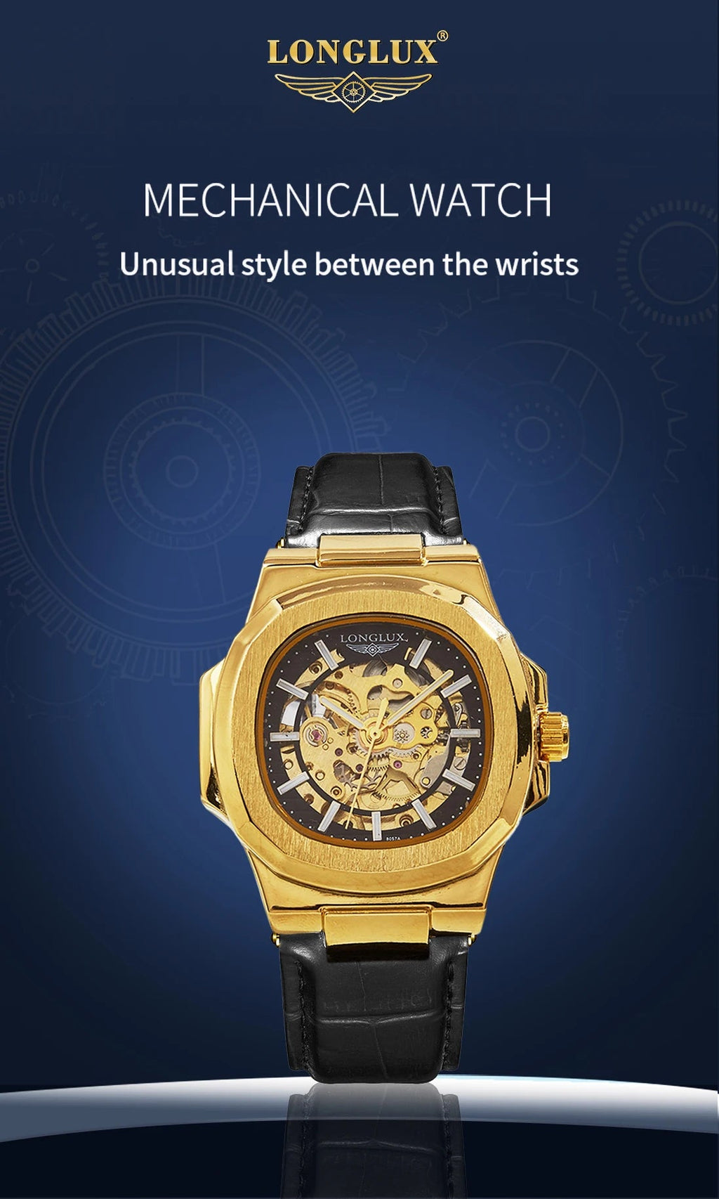 Longlux automatic mechanical watch luxury waterproof skeleton leather