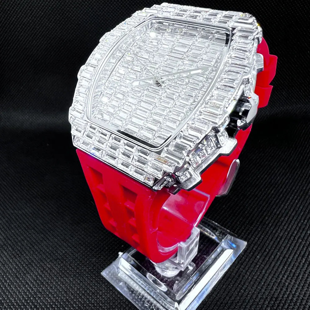 Luxury Men Square Diamond Quartz Watch Rubber Band