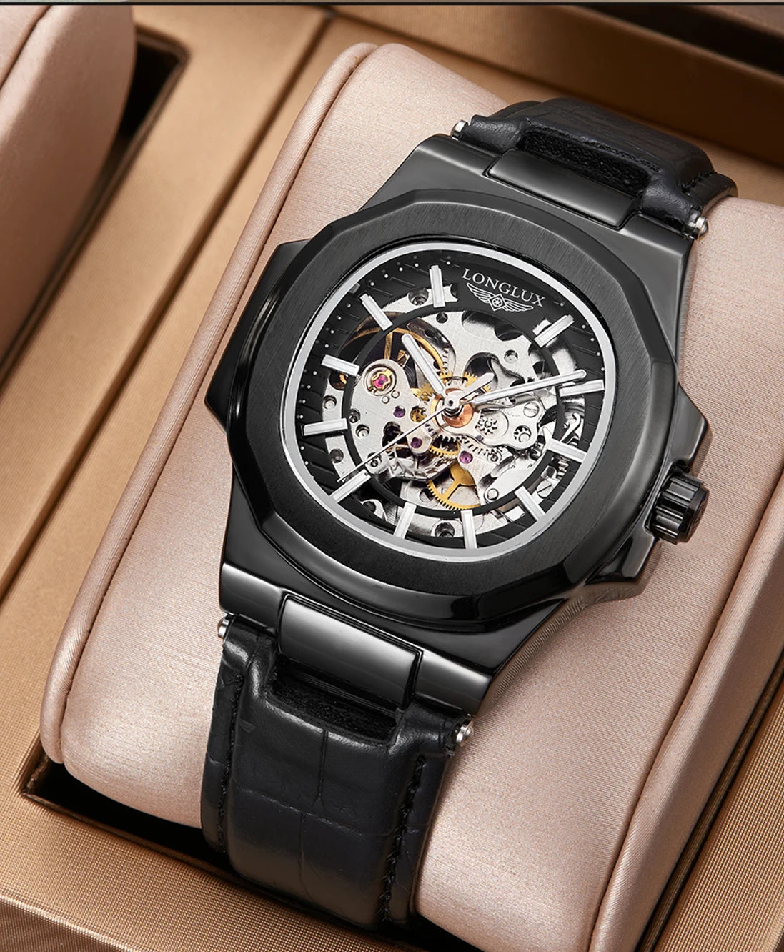 LONGLUX automatic mechanical watch luxury waterproof leather mens
