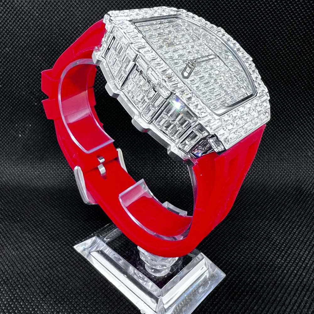 Luxury Men Square Diamond Quartz Watch Rubber Band