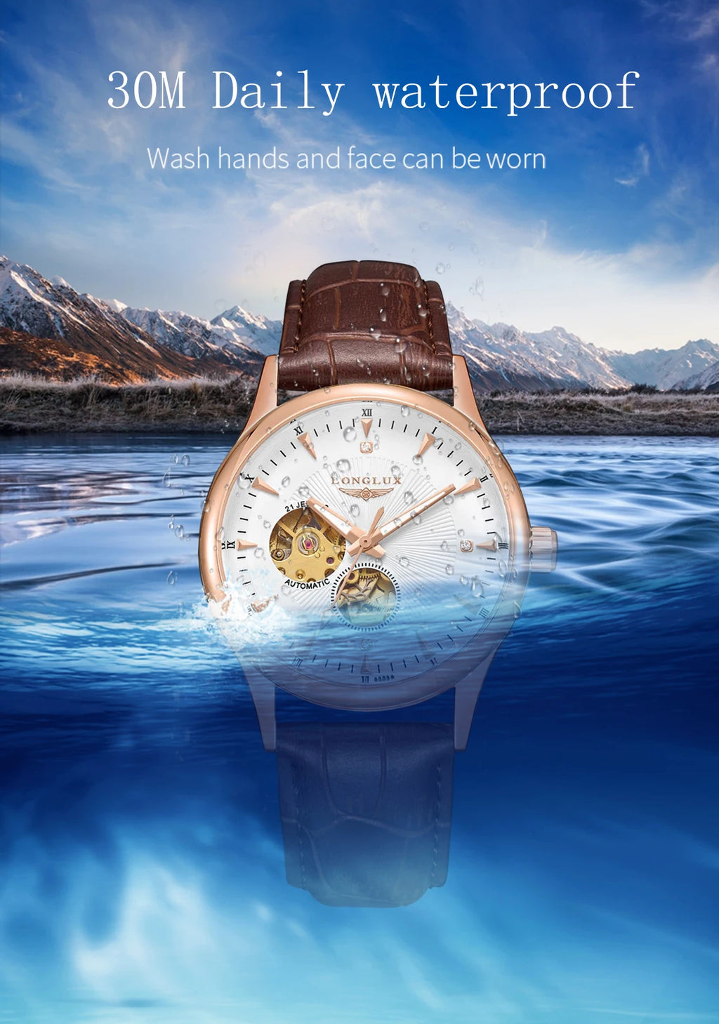 LONGLUX automatic skeleton wristwatch men waterproof gift