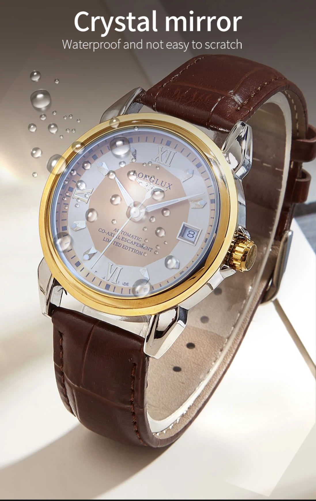 Men automatic mechanical watch waterproof leather date gift