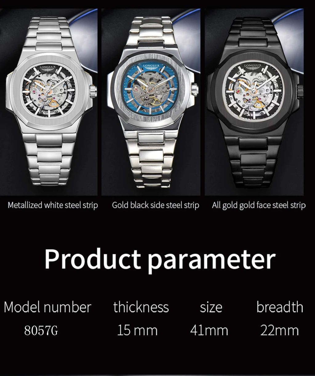 Men automatic mechanical luxury waterproof skeleton stainless steel watch