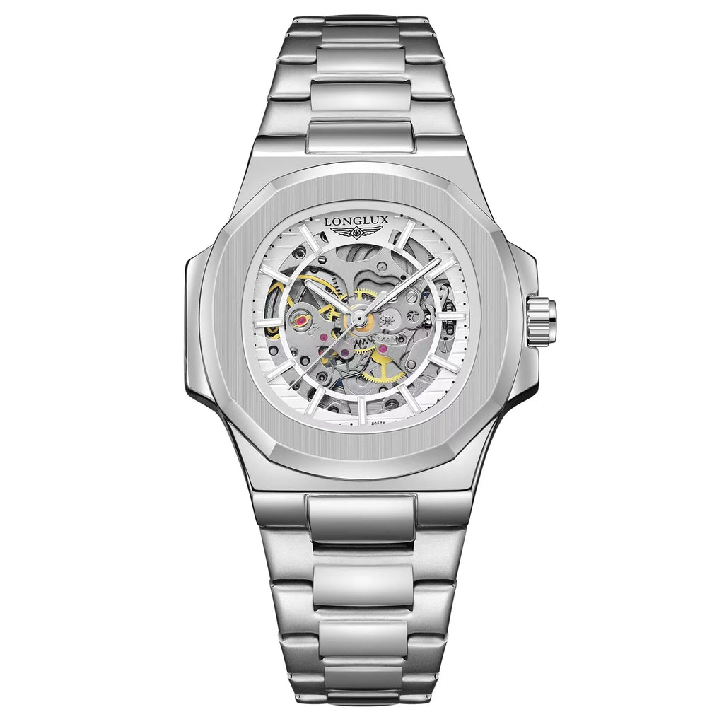 Men automatic mechanical luxury waterproof skeleton stainless steel watch