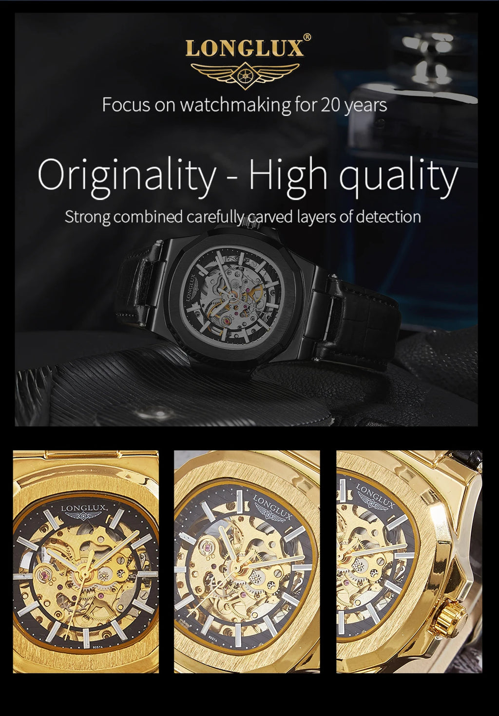 Longlux automatic mechanical watch luxury waterproof skeleton leather