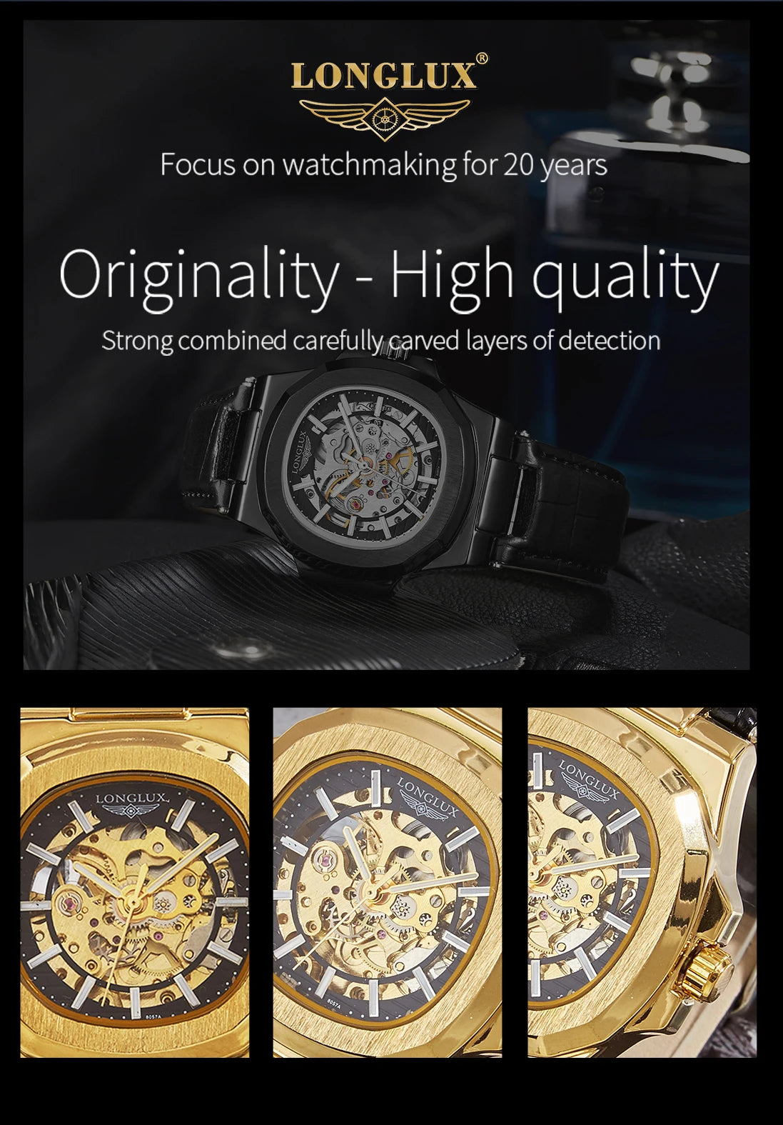 Longlux automatic mechanical watch luxury waterproof skeleton leather
