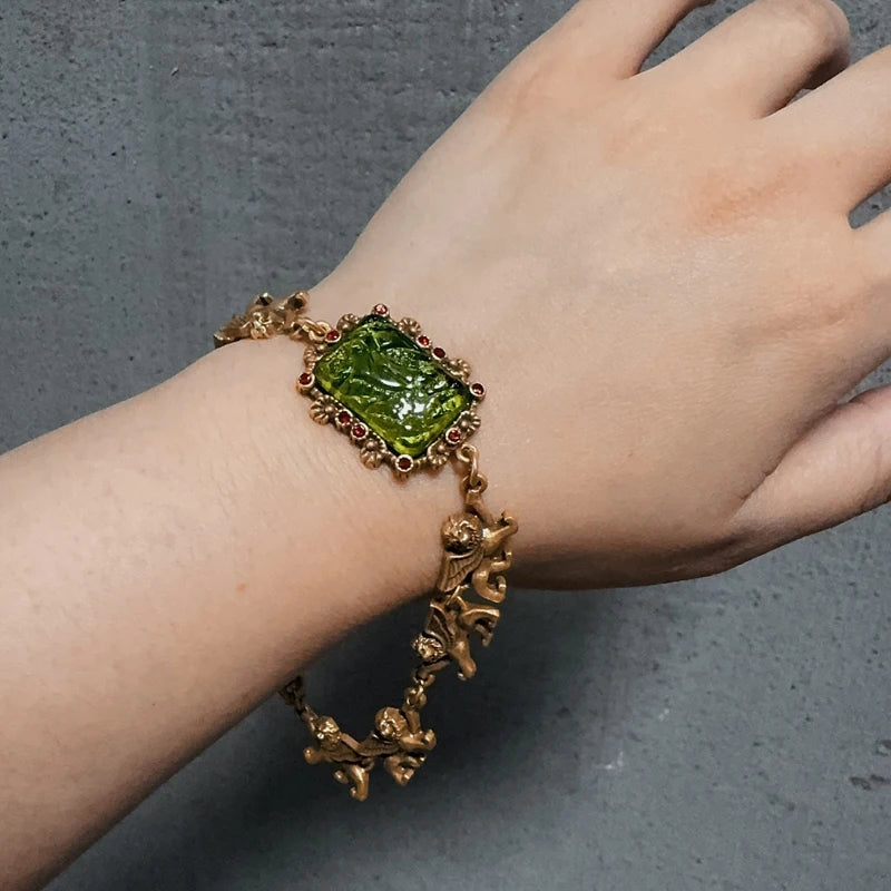 Vintage Green Glass Bracelet Lion Woman Gold Luxury