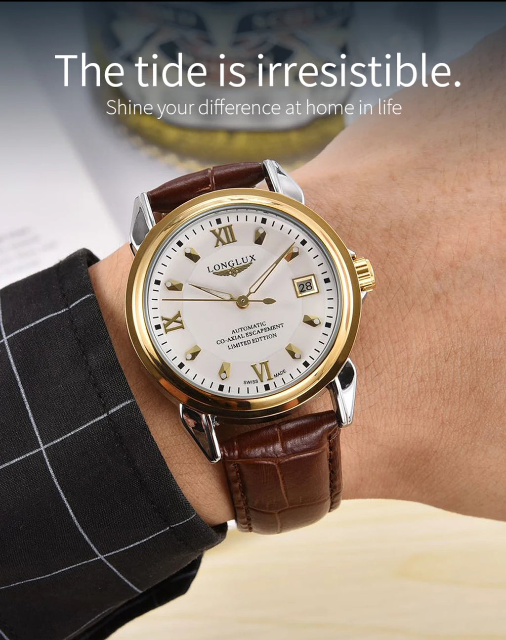 Men automatic mechanical watch waterproof leather date gift