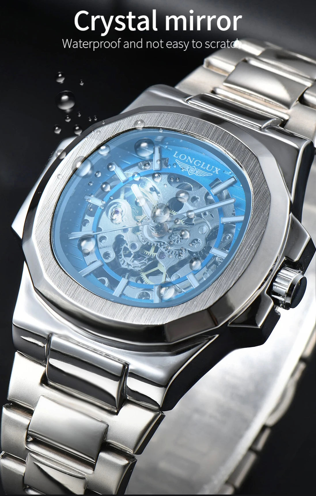 Men automatic mechanical luxury waterproof skeleton stainless steel watch