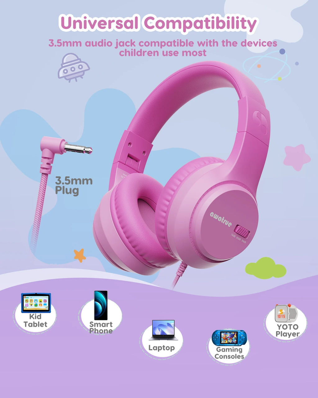 kids wired headphones stereo over ear school 3.5mm