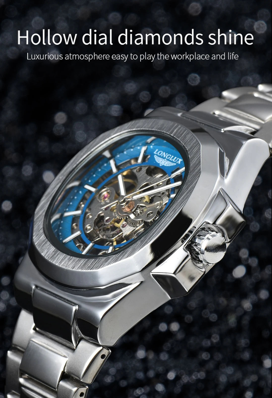 Men automatic mechanical luxury waterproof skeleton stainless steel watch