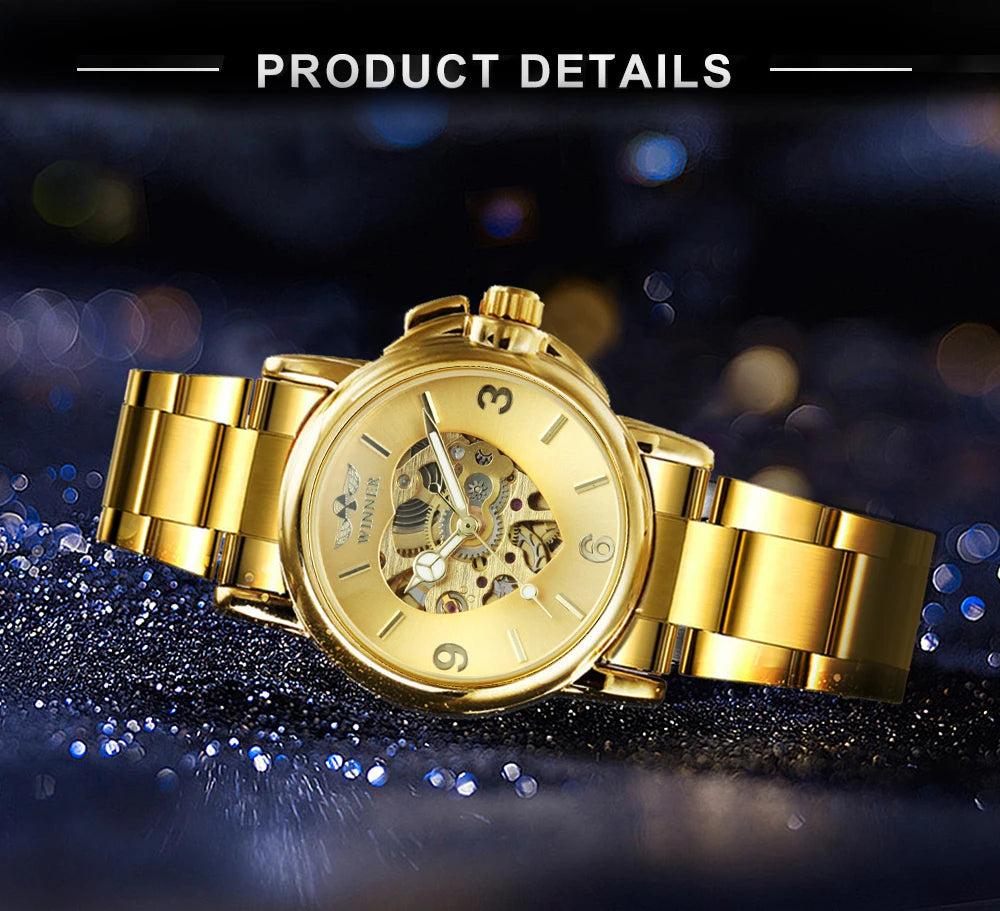 WINNER Women Skeleton Automatic Gold Watch