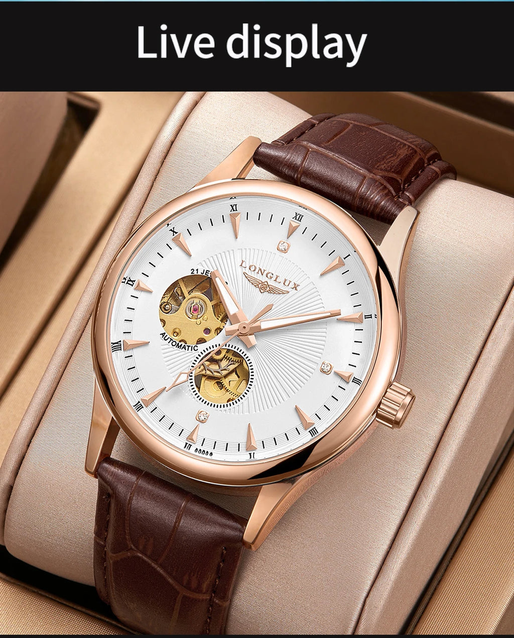 LONGLUX automatic skeleton wristwatch men waterproof gift