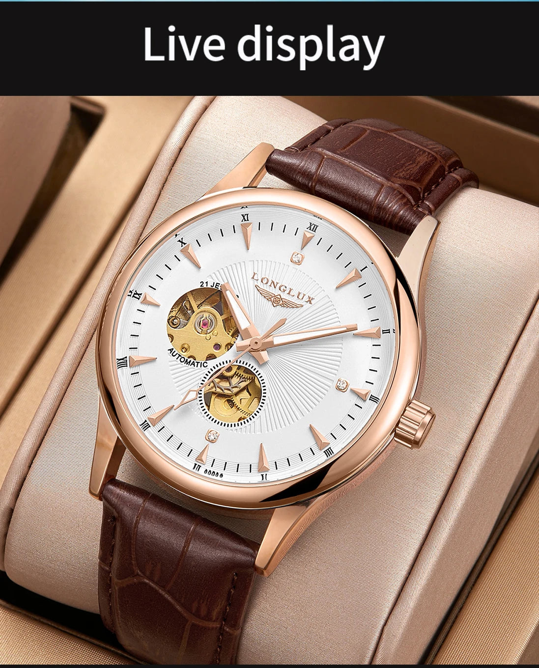 LONGLUX automatic skeleton wristwatch men waterproof gift