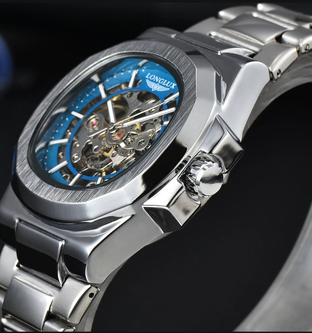 Men automatic mechanical luxury waterproof skeleton stainless steel watch