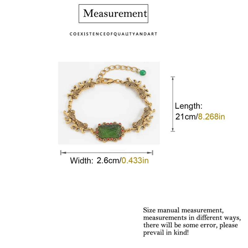 Vintage Green Glass Bracelet Lion Woman Gold Luxury