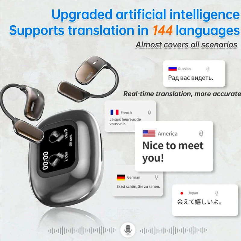 AI earbuds with real time translation 144 languages and LCD touch control