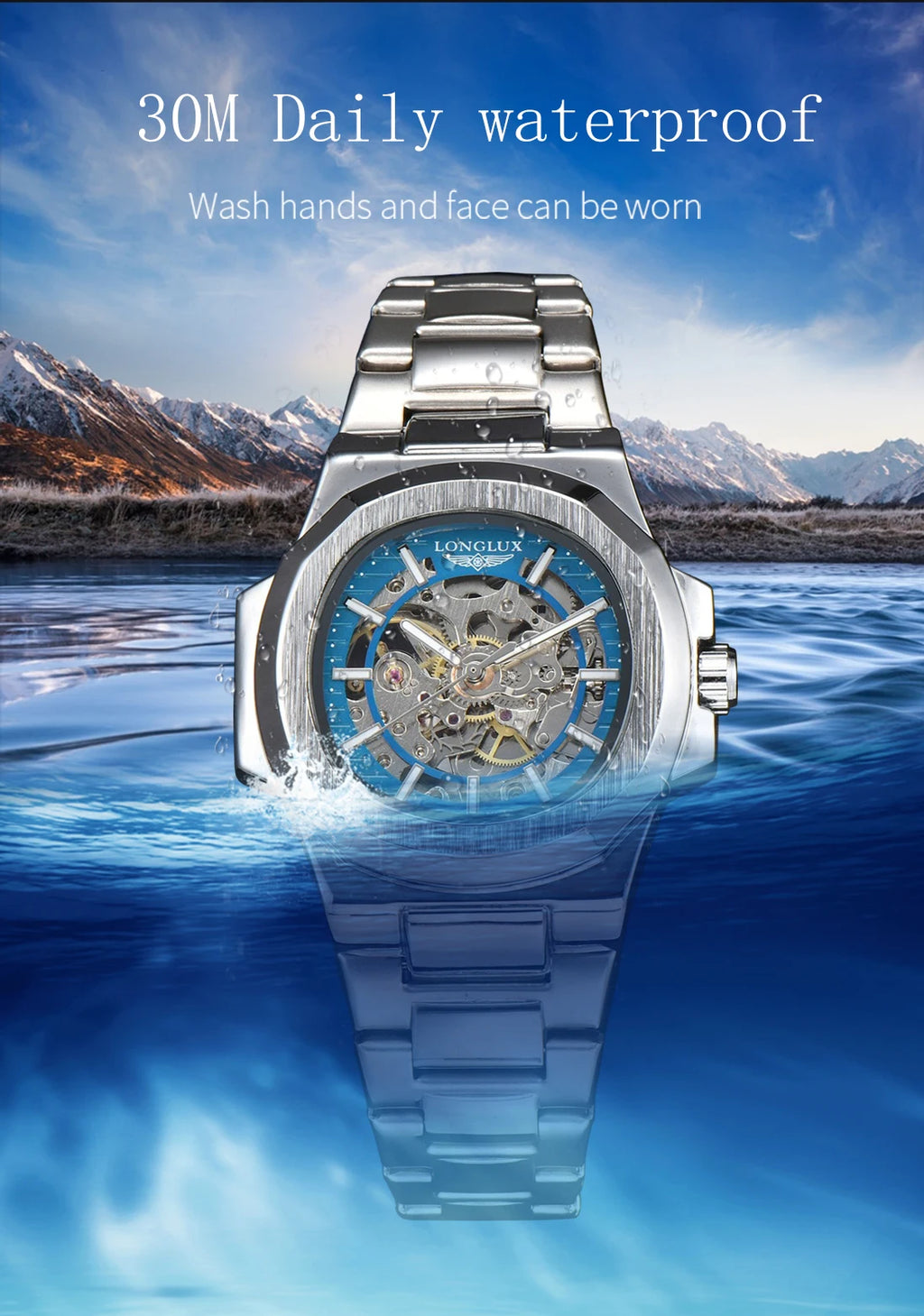 Men automatic mechanical luxury waterproof skeleton stainless steel watch
