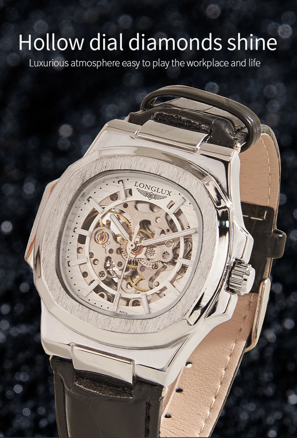 LONGLUX automatic mechanical watch luxury waterproof leather mens