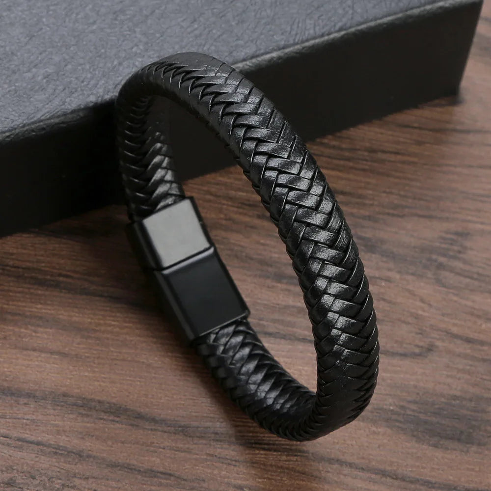 Black PU Leather Magnetic Bracelet Men Stylish Elegant Gift