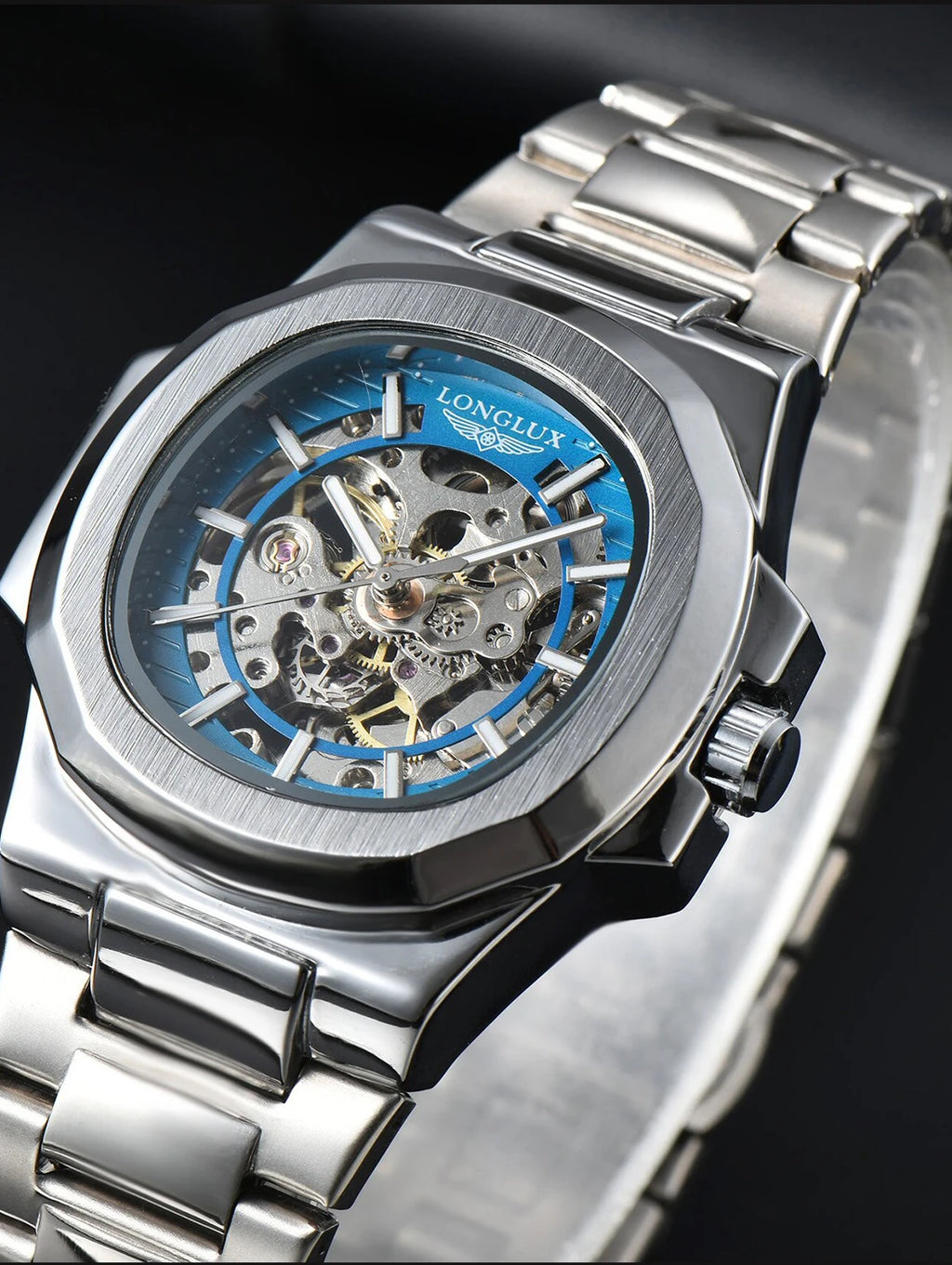 Men automatic mechanical luxury waterproof skeleton stainless steel watch
