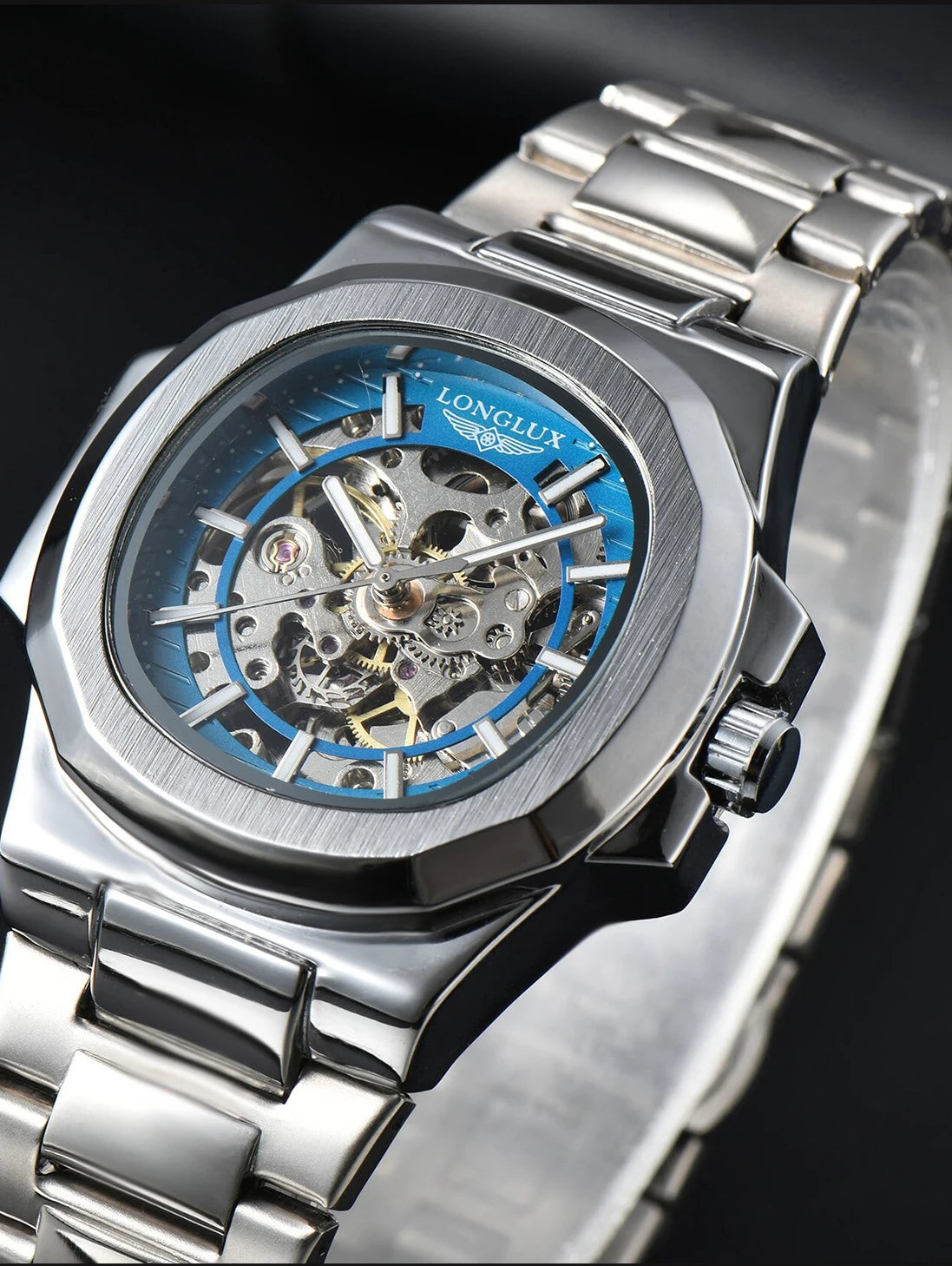 Men automatic mechanical luxury waterproof skeleton stainless steel watch
