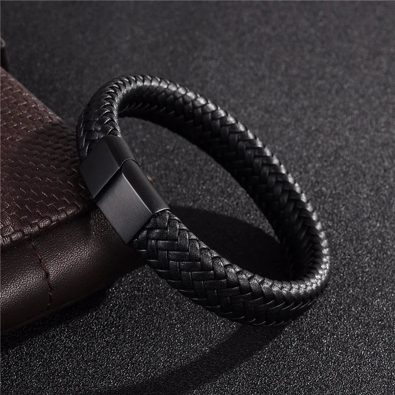 Black PU Leather Magnetic Bracelet Men Stylish Elegant Gift