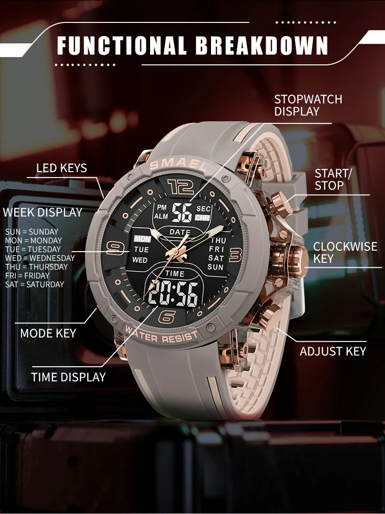 SMAEL Waterproof Quartz Sport Alarm Watch Nightlight