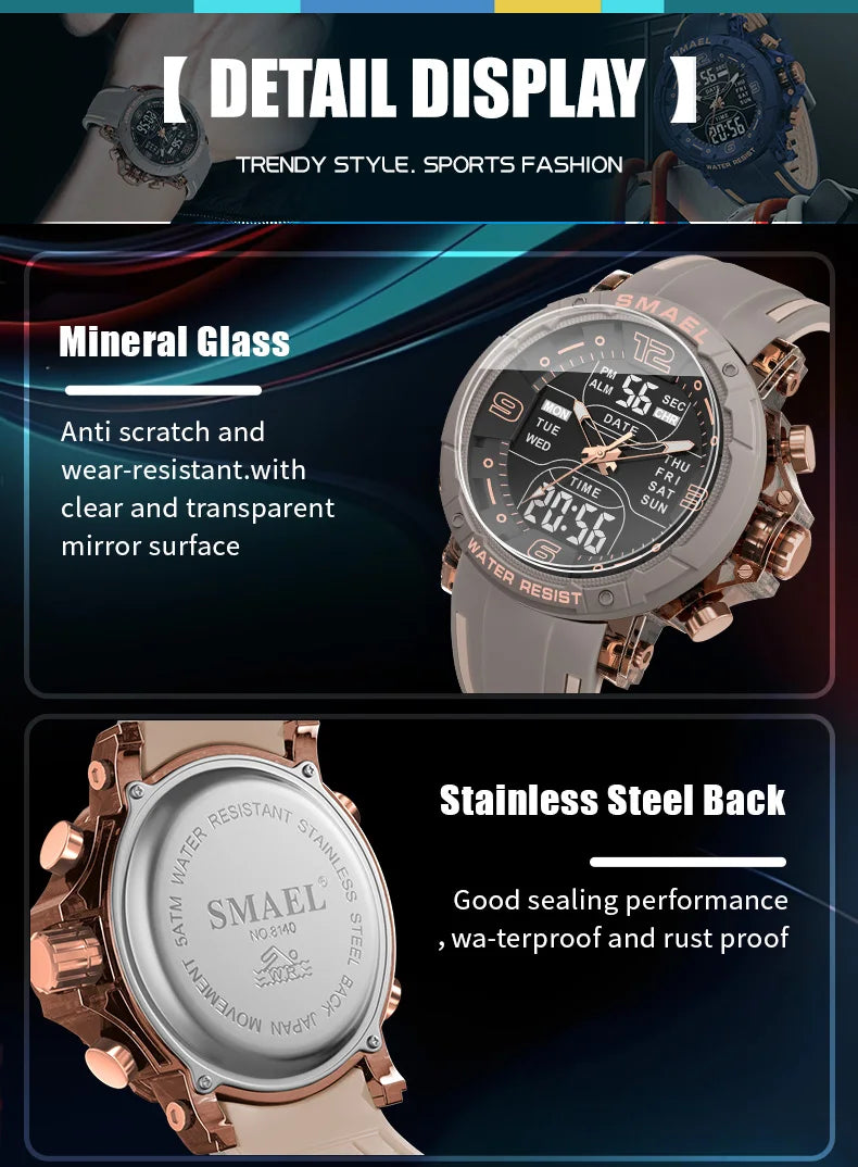 SMAEL Waterproof Quartz Sport Alarm Watch Nightlight