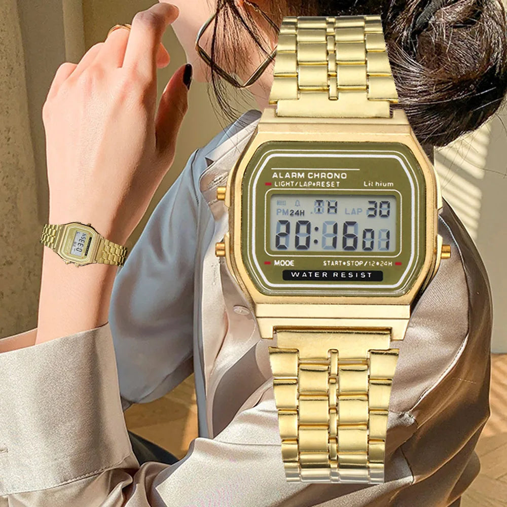 Elegant Women Digital Watch Gold Silver Stainless Steel