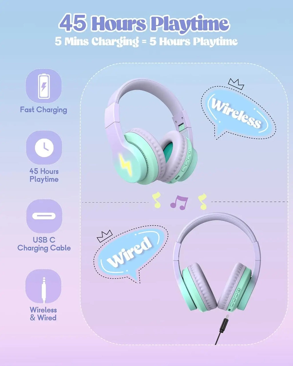 kids bluetooth headphones led over ear mic tablet