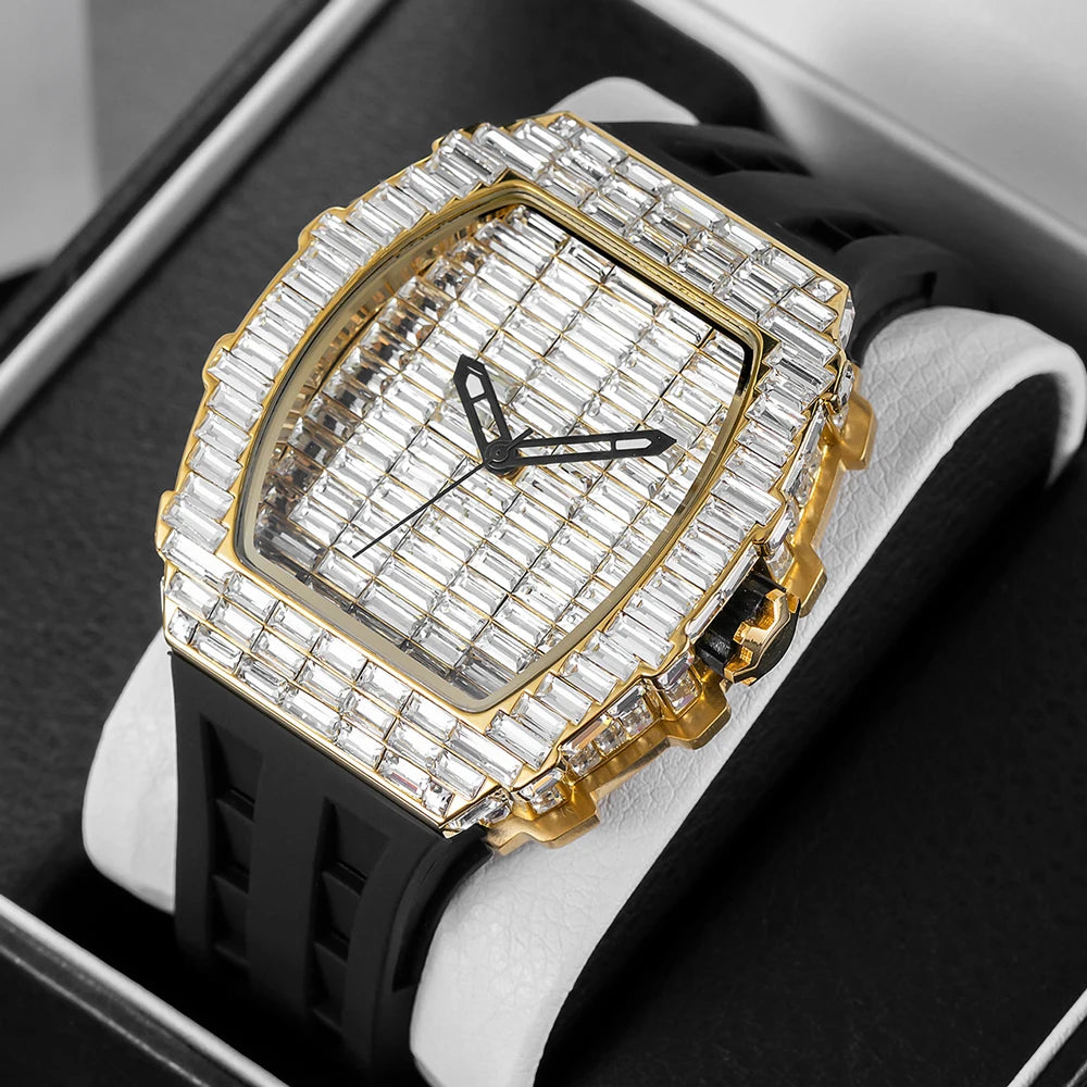 Luxury Men Square Diamond Quartz Watch Rubber Band