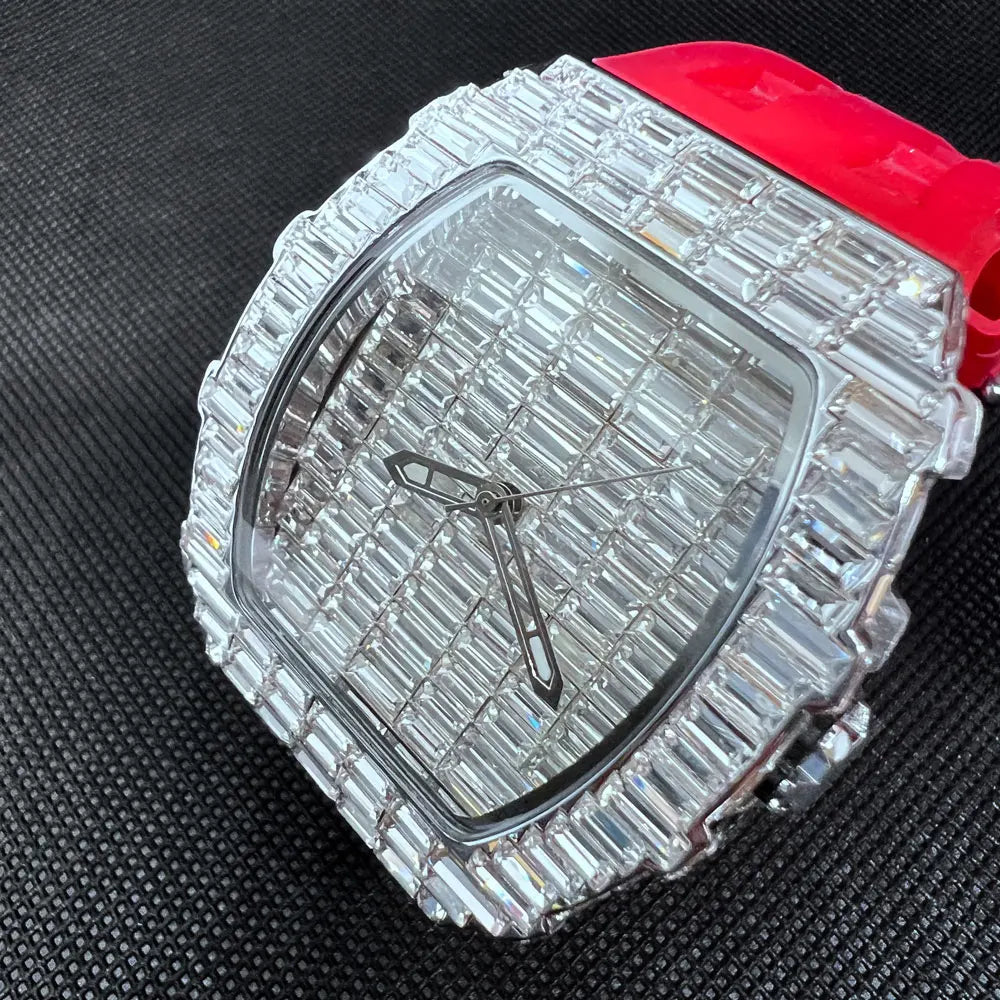 Luxury Men Square Diamond Quartz Watch Rubber Band
