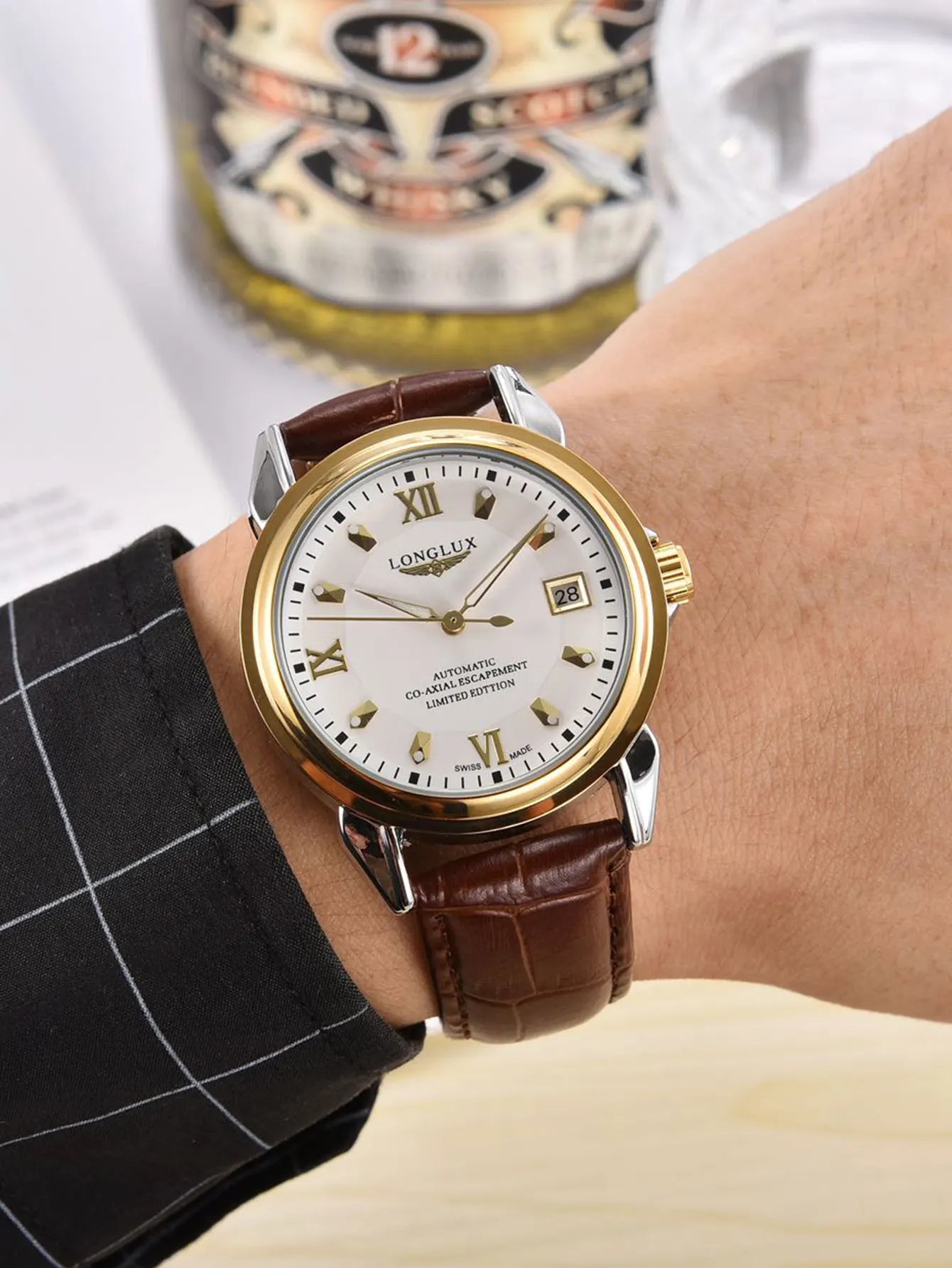 Men automatic mechanical watch waterproof leather date gift