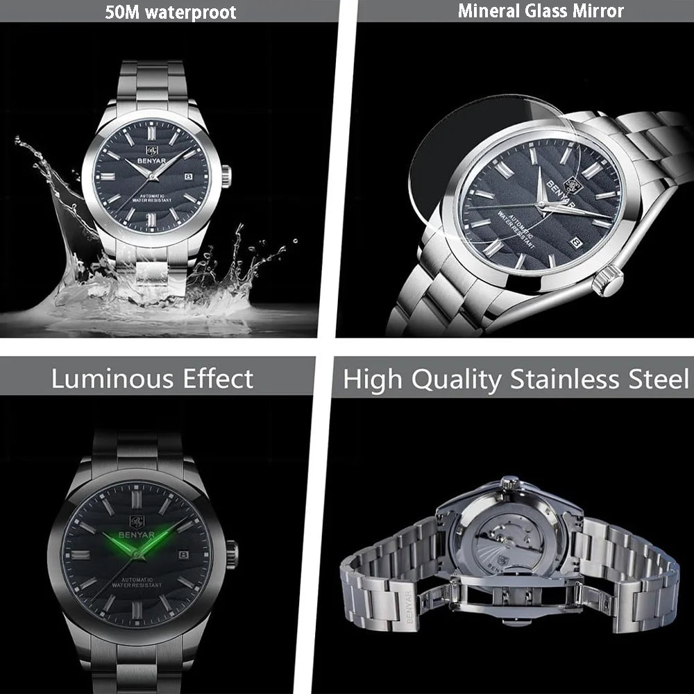 Benyar Mechanical Watch 40mm Stainless Steel Waterproof Men