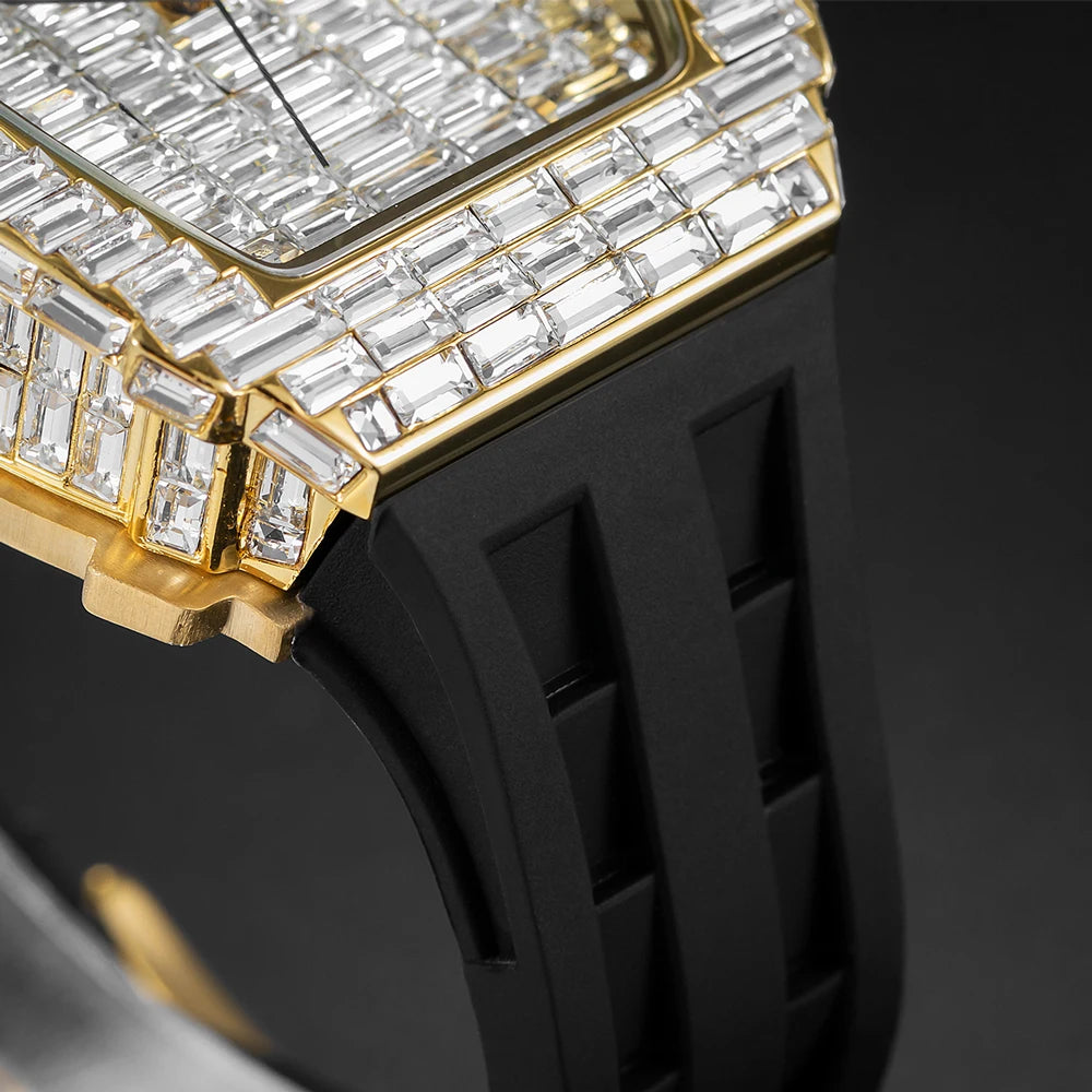 Luxury Men Square Diamond Quartz Watch Rubber Band