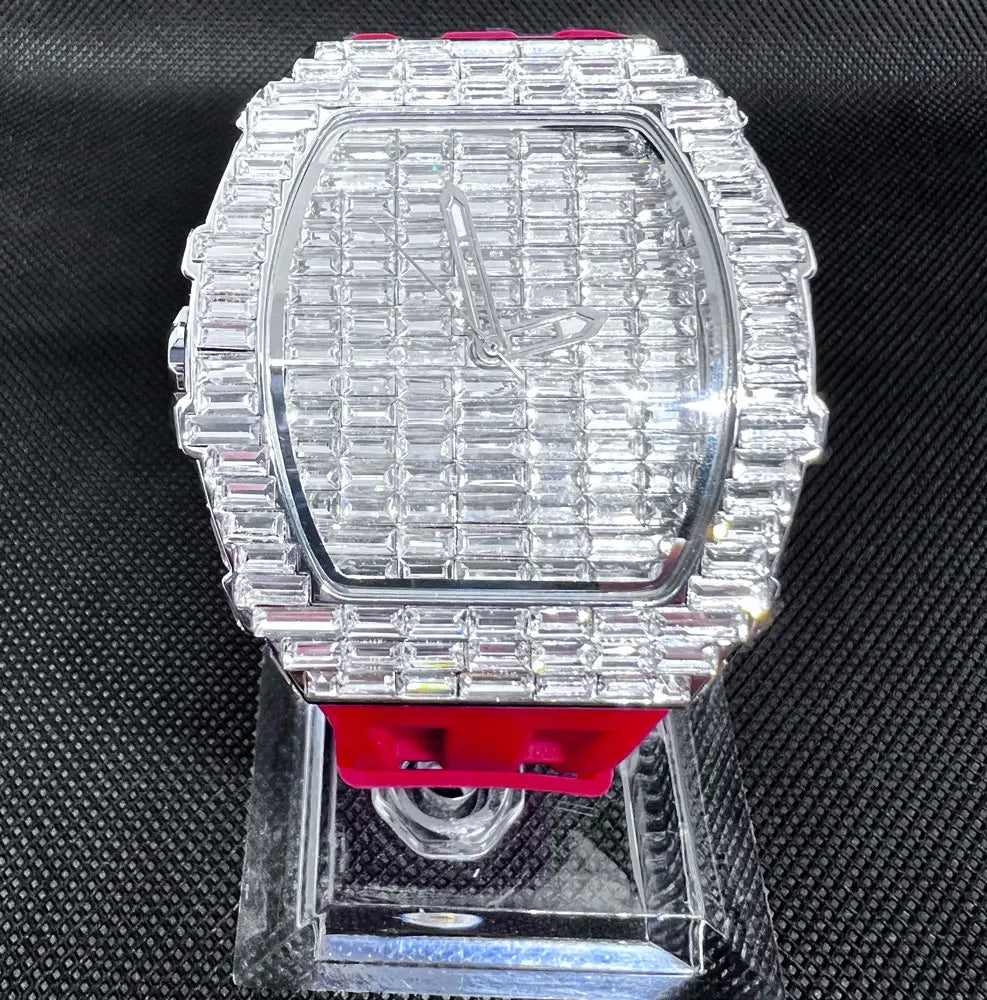 Luxury Men Square Diamond Quartz Watch Rubber Band