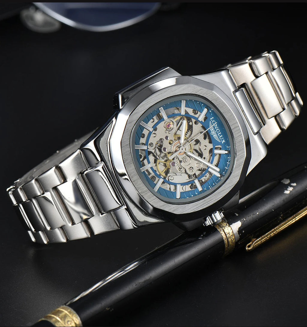 Men automatic mechanical luxury waterproof skeleton stainless steel watch