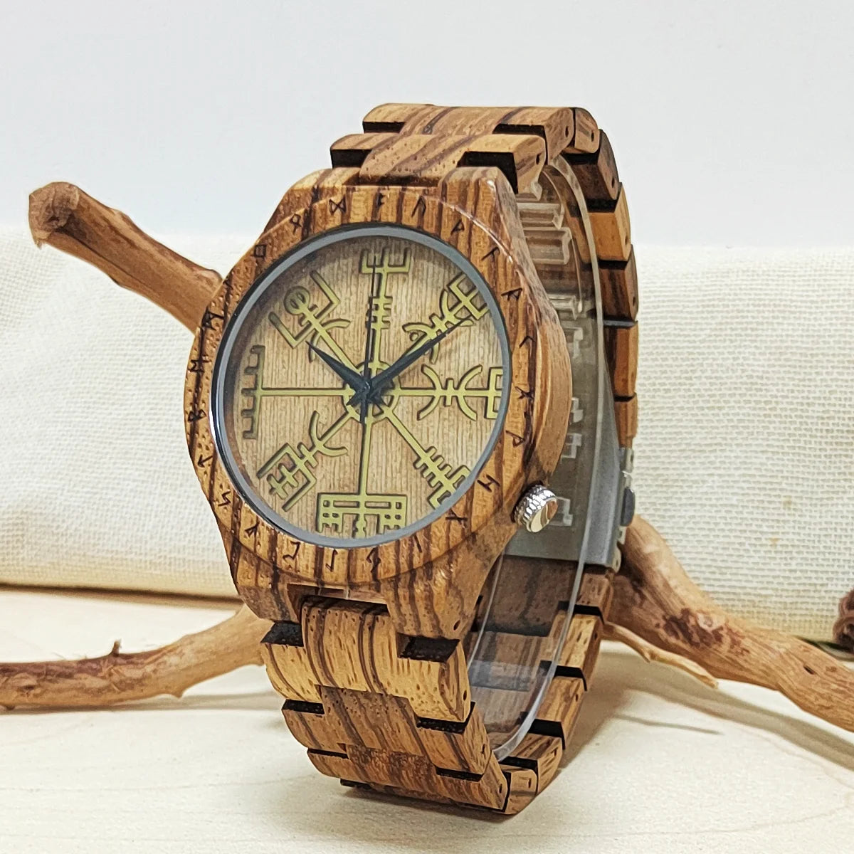 Men Wooden Watch Viking Symbol Personalized Quartz Gift