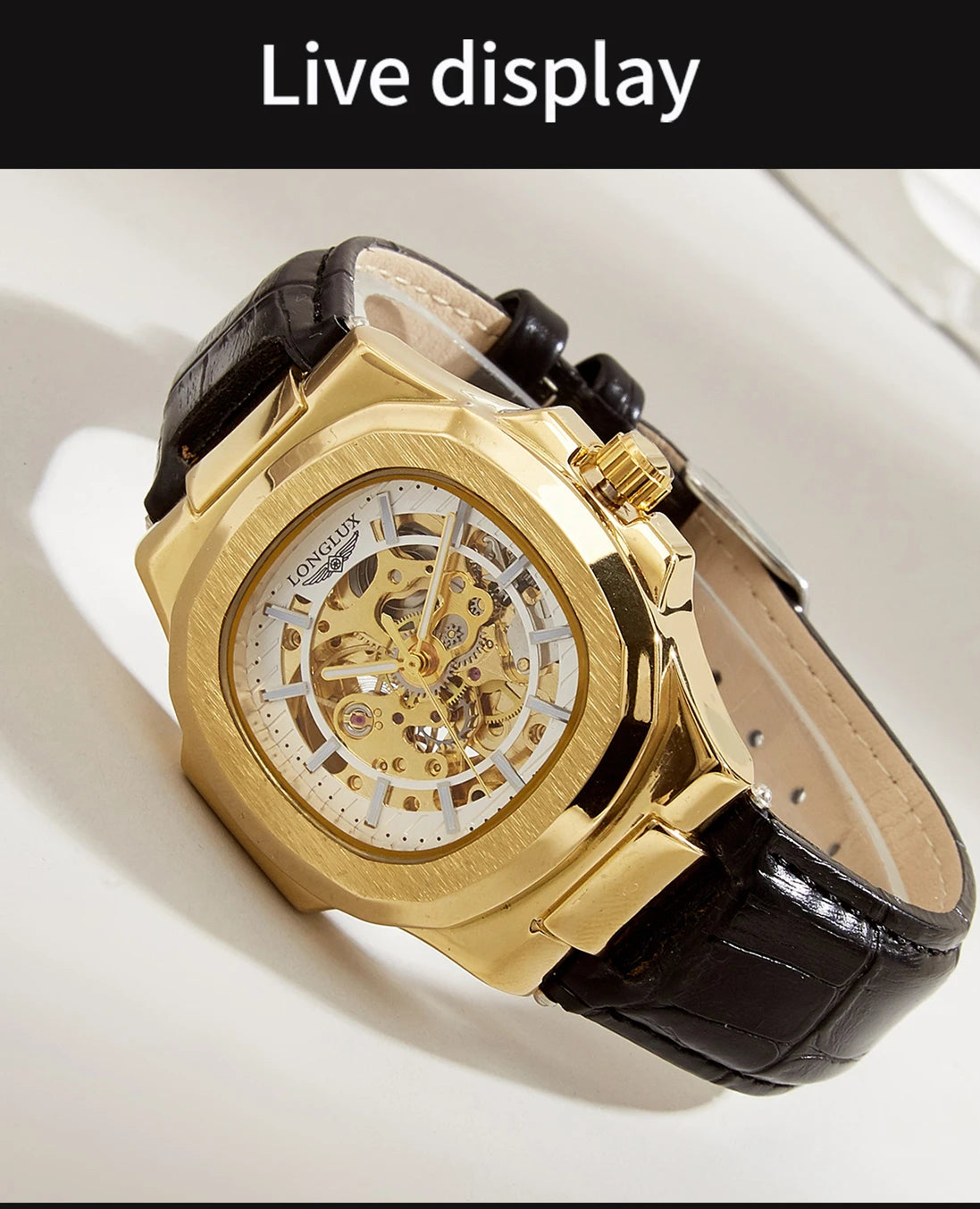 LONGLUX automatic mechanical watch luxury waterproof leather mens