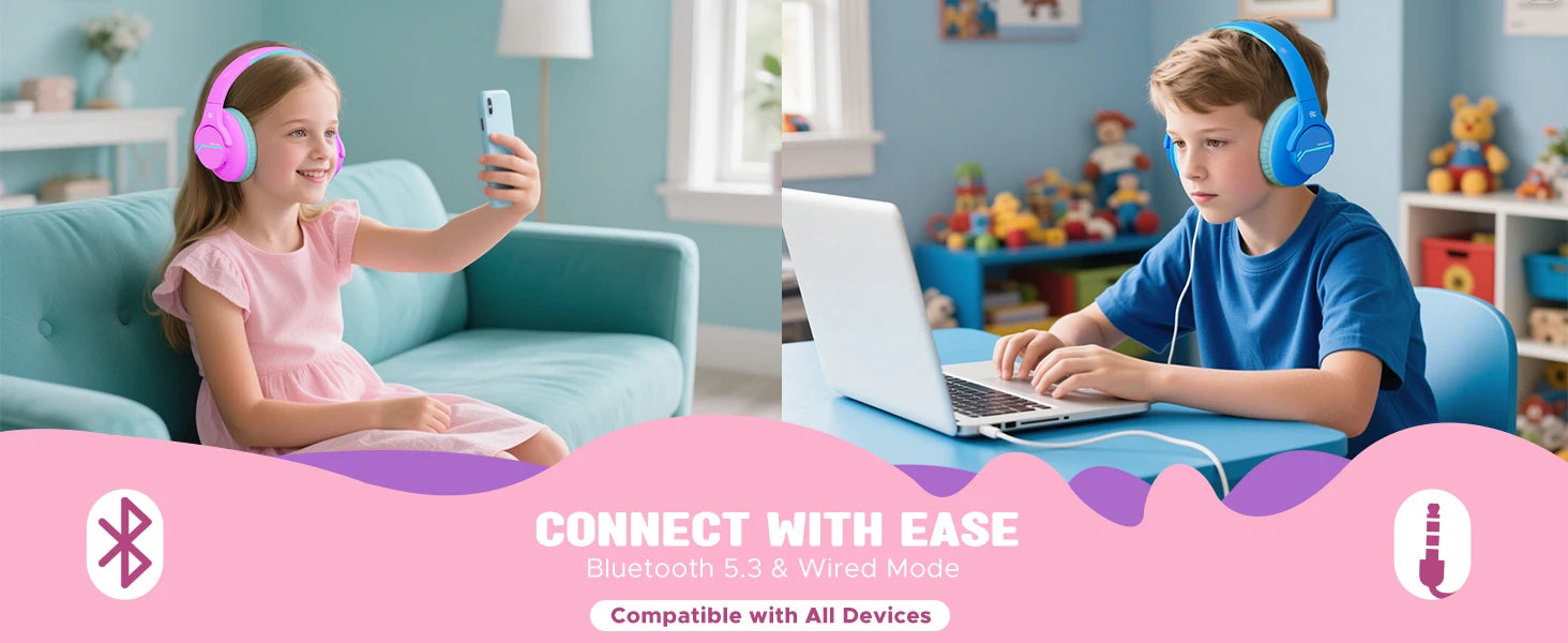 Kids Wireless Bluetooth ANC Headphones Noise Cancelling Travel