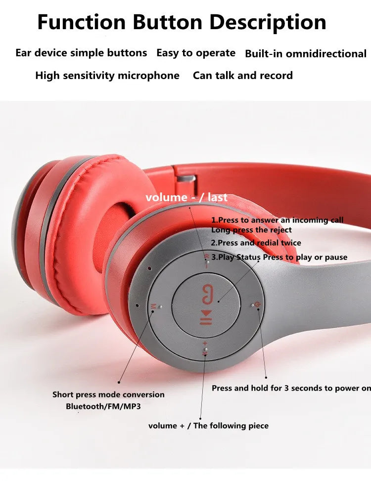 P47 Bluetooth headphones foldable HiFi stereo bass with mic