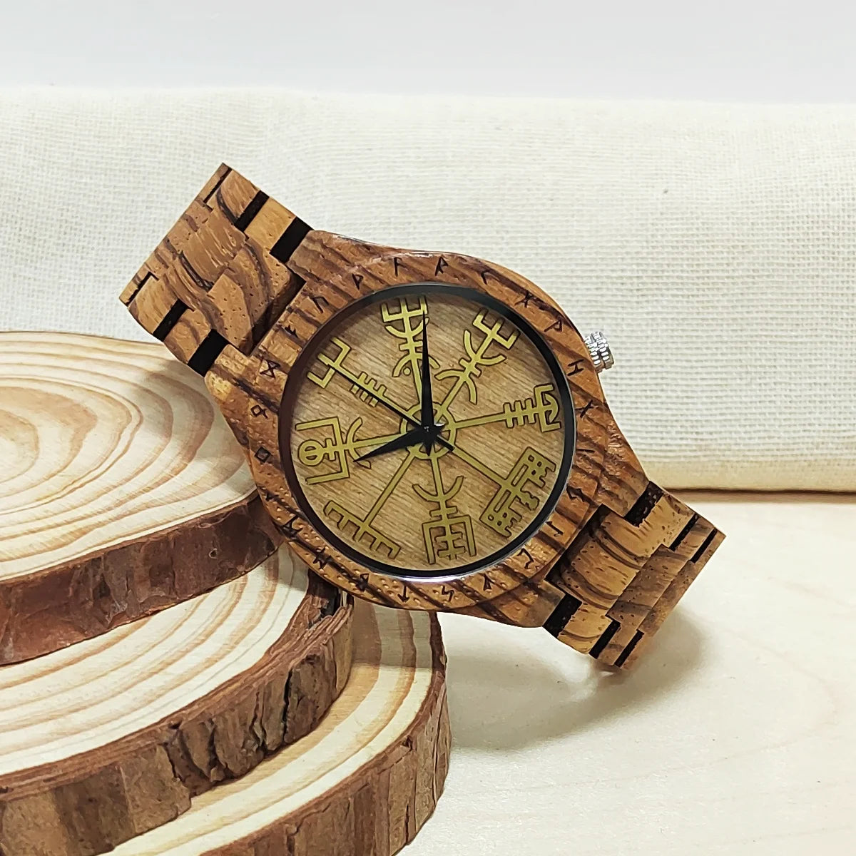 Men Wooden Watch Viking Symbol Personalized Quartz Gift