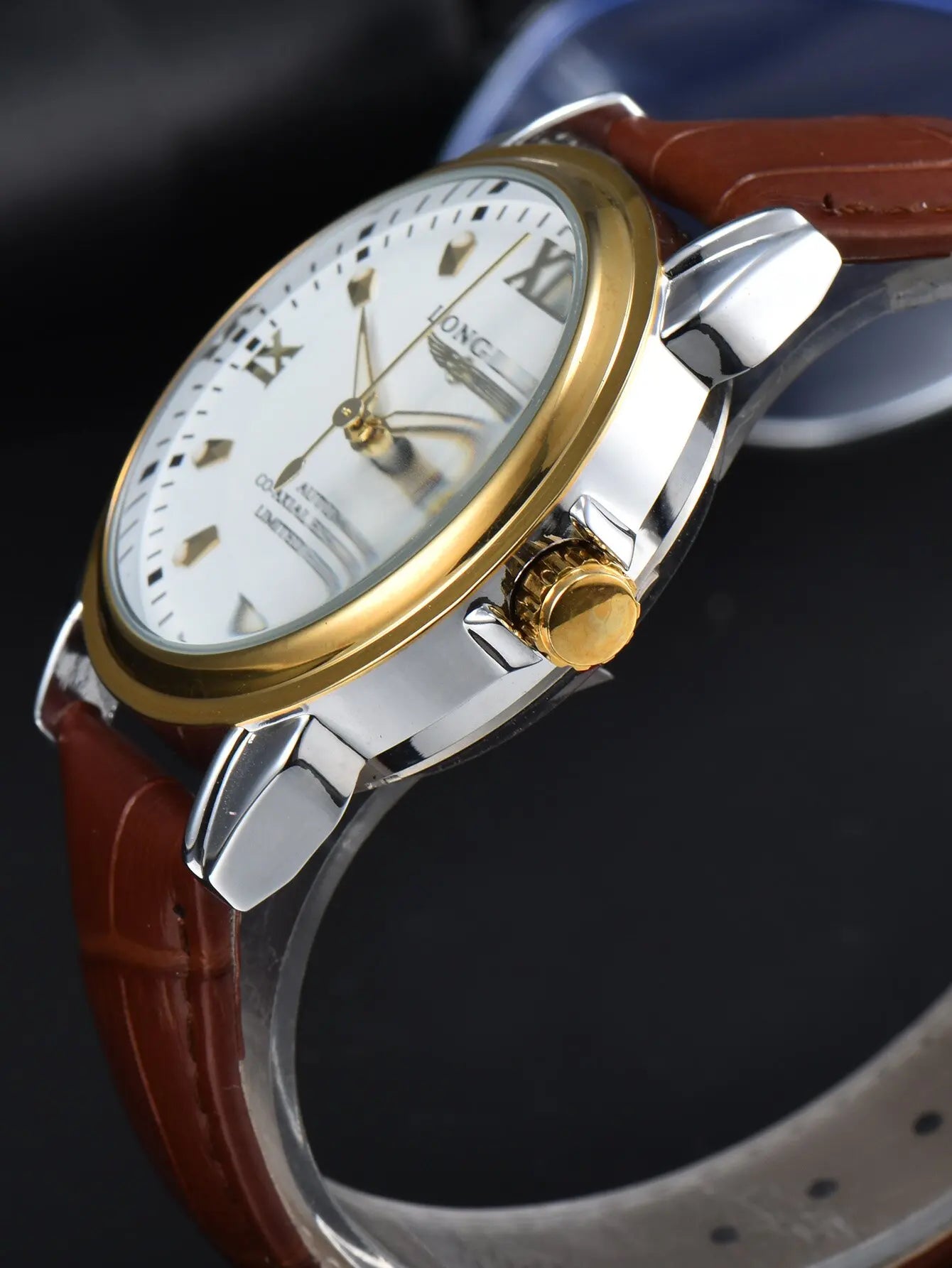 Men automatic mechanical watch waterproof leather date gift