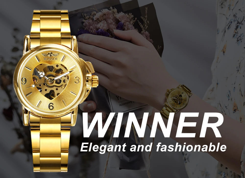 WINNER Women Skeleton Automatic Gold Watch