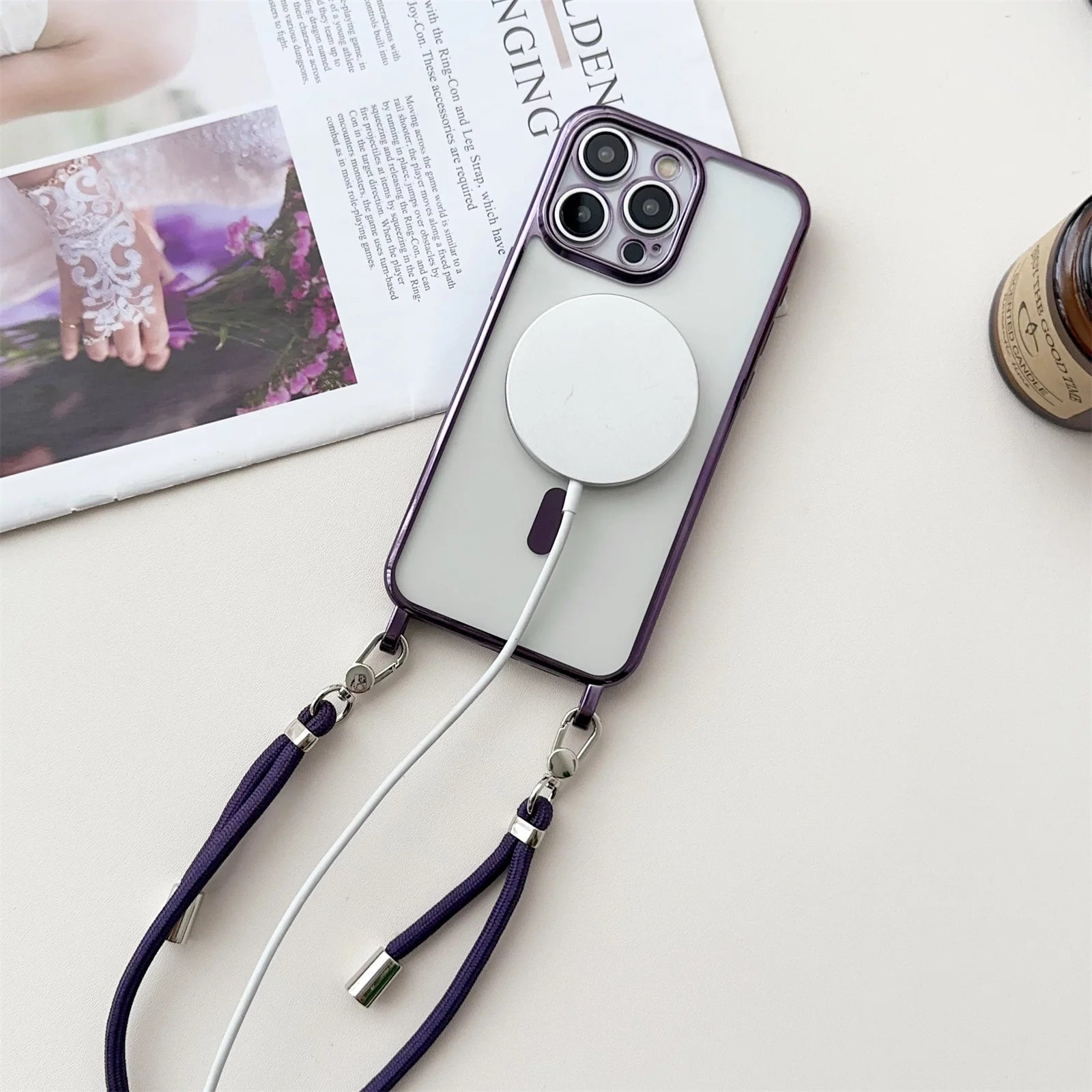 MagSafe clear magnetic iPhone case with lanyard strap