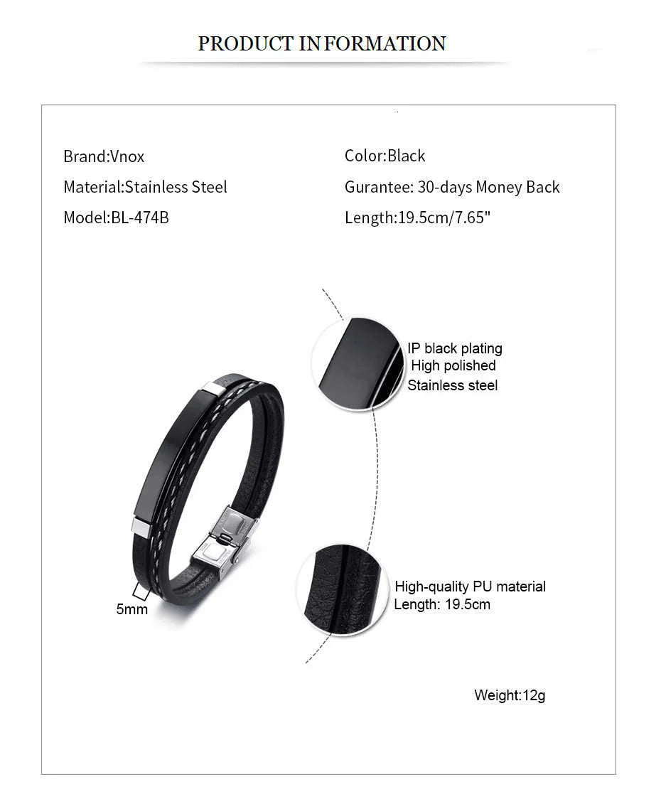 Vnox Leather Bracelet Men Women Stainless Steel Layered