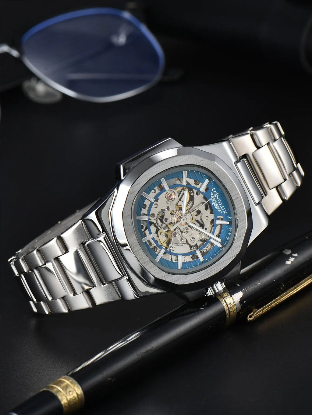 Men automatic mechanical luxury waterproof skeleton stainless steel watch