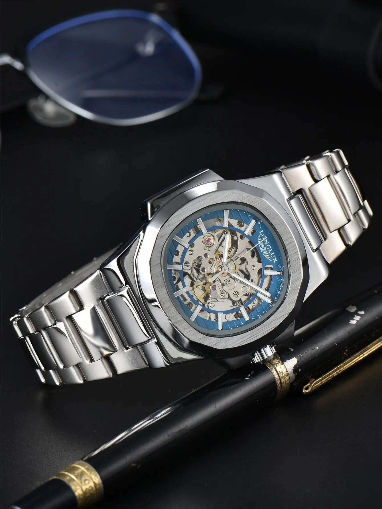 Men automatic mechanical luxury waterproof skeleton stainless steel watch