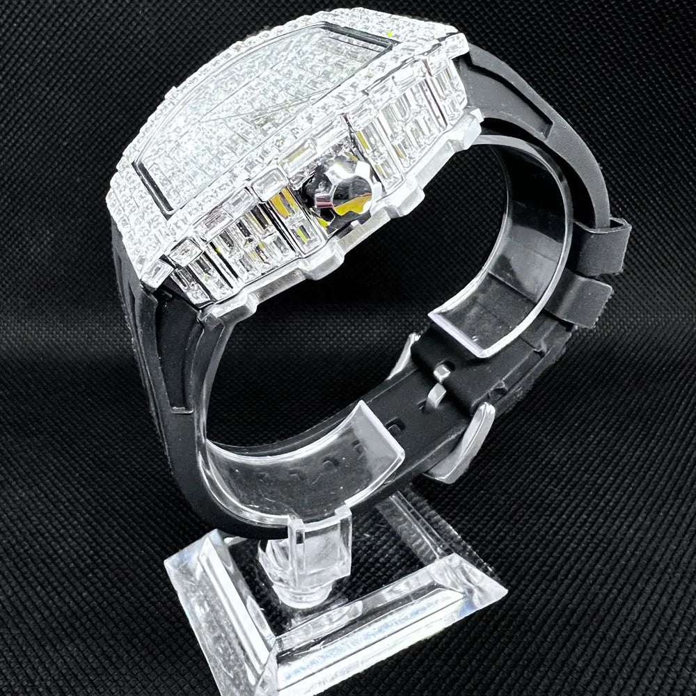 Luxury Men Square Diamond Quartz Watch Rubber Band